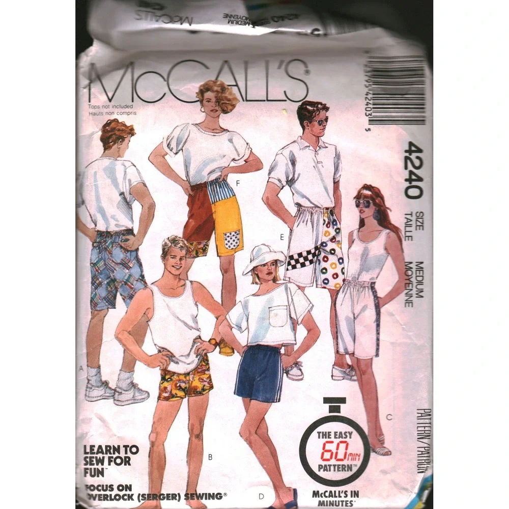 Vintage 1989 McCall's 4240 Unisex Shorts Sewing Pattern Size Medium Multi-Style